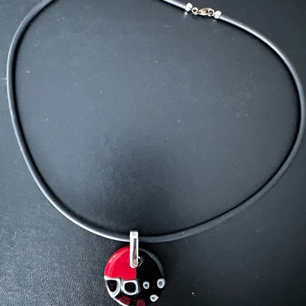 Black Leather Choker Necklace Red & Black Round Pendant Sterling Silver …